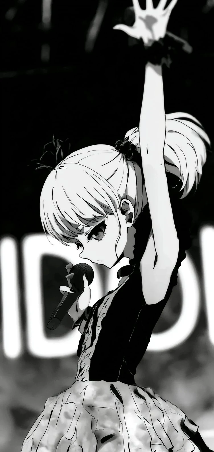 black and white anime girl singer with microphone on