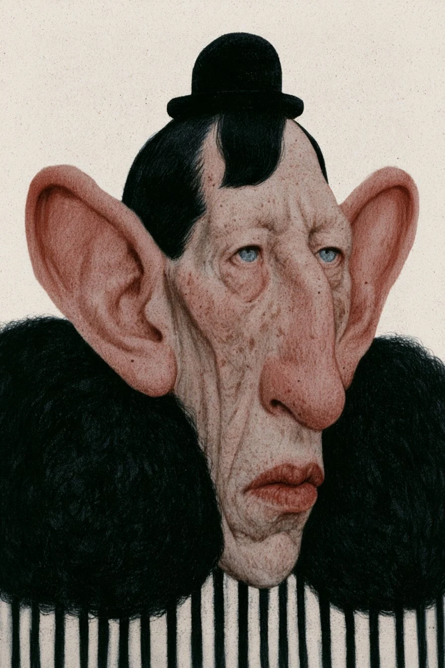 Portrait of grotesque humanoid figure with giant
