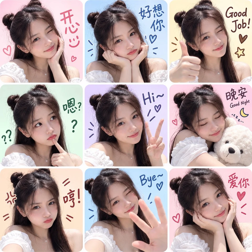 Nine cute emoticon stickers of young Asian girl with
