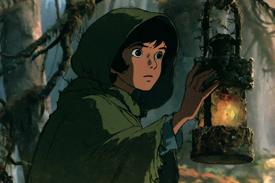 Young adventurer holding lantern in dark forest