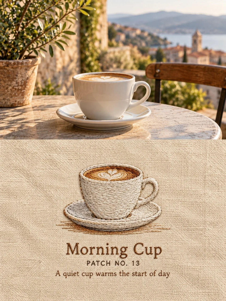 Photography and embroidery poster of coffee cup