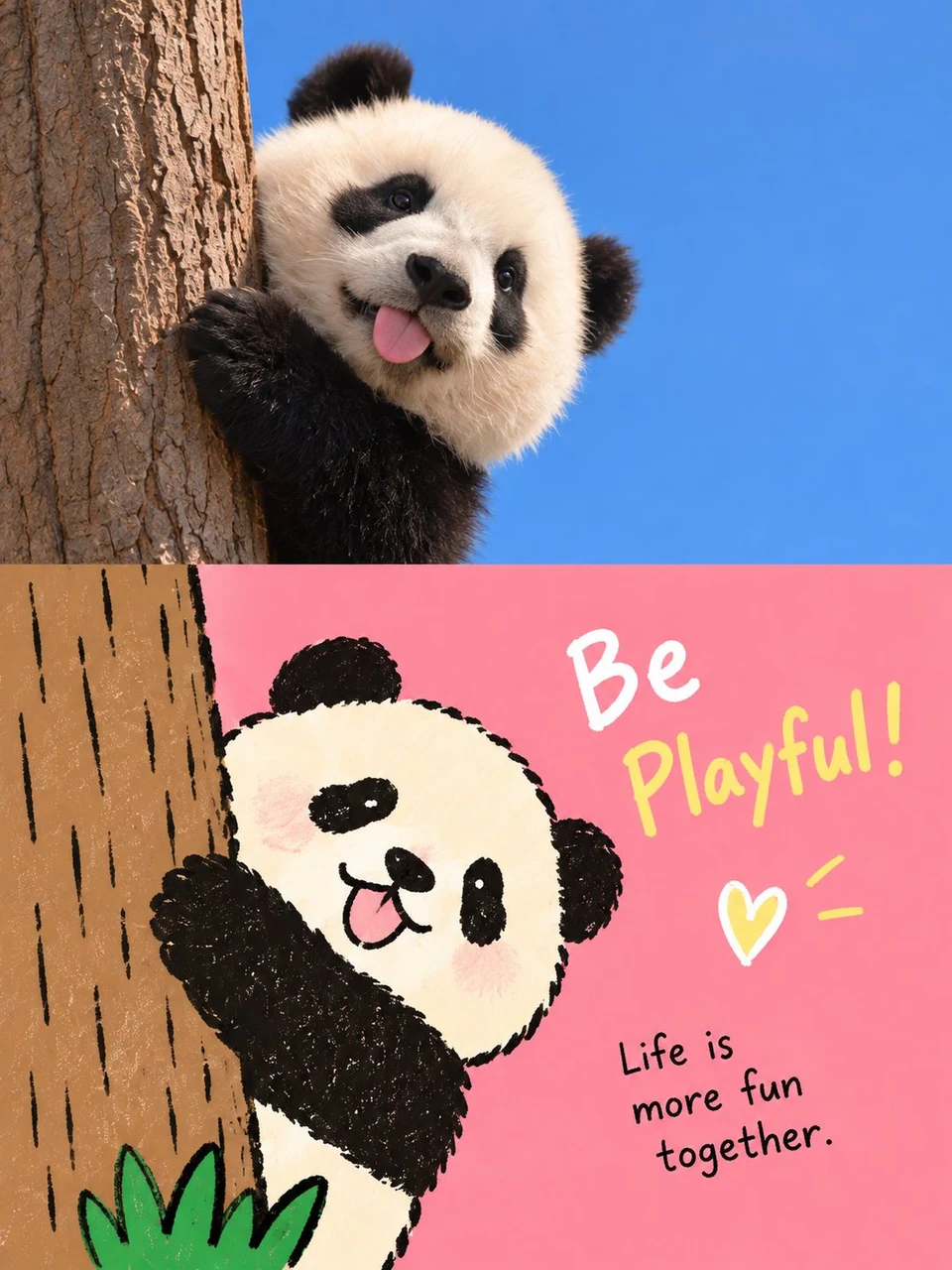 Split panda poster with photo and kawaii