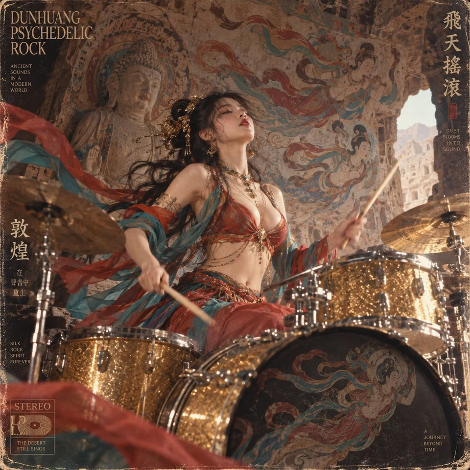 Dunhuang psychedelic rock album cover with female