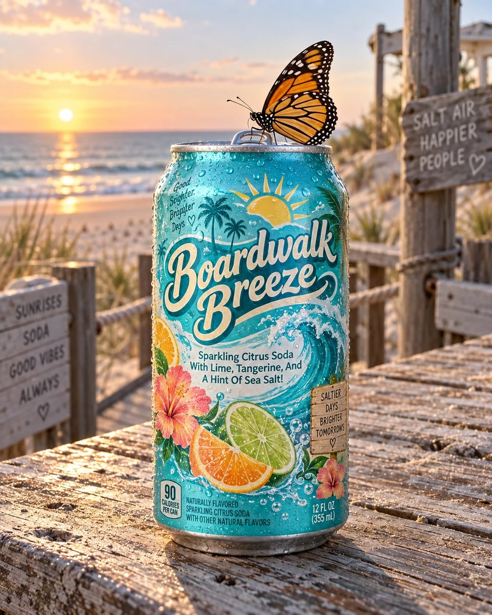 Boardwalk Breeze citrus soda can with butterfly on