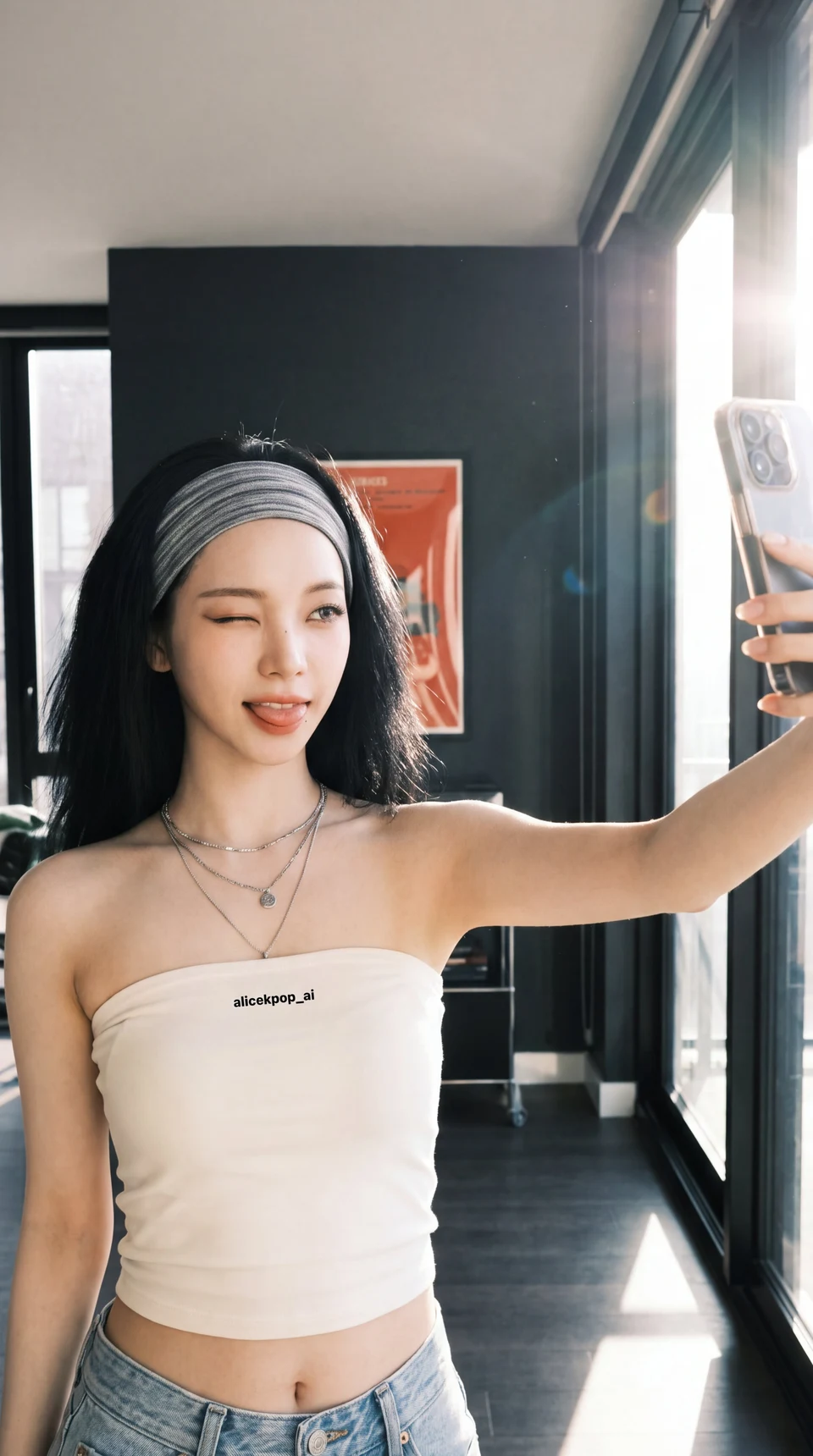 Y2K girl playful selfie in white bandeau top with
