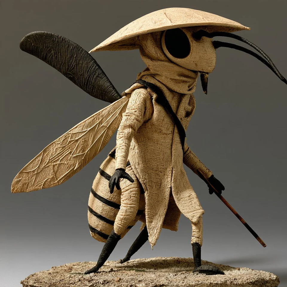 Clay Style Bee Warrior with Straw Hat and Staff