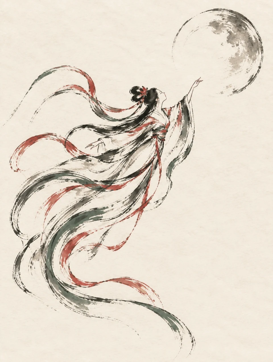 Ethereal Woman Reaching for Moon Oriental Ink