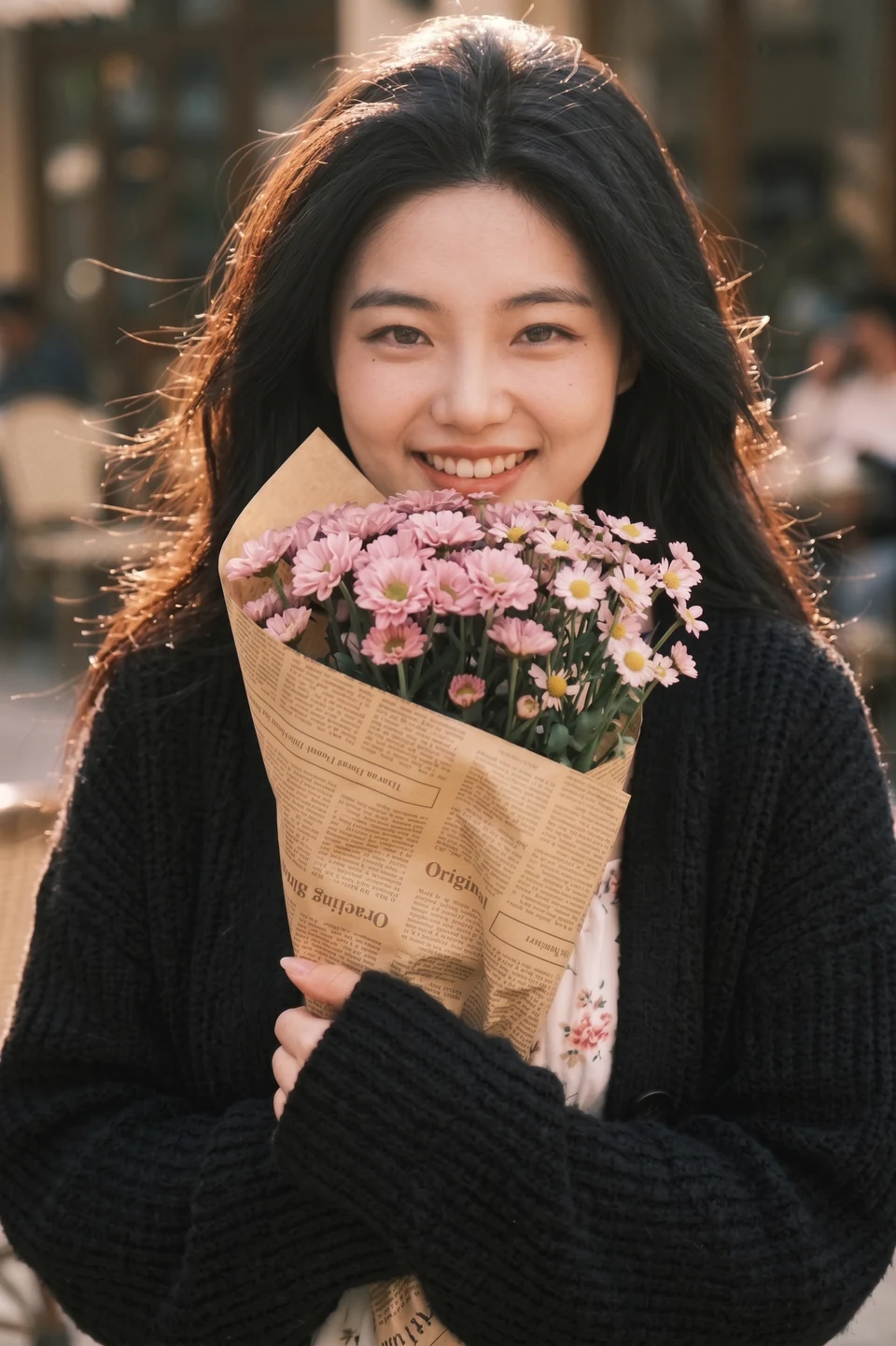 Smiling East Asian woman holding pink daisies