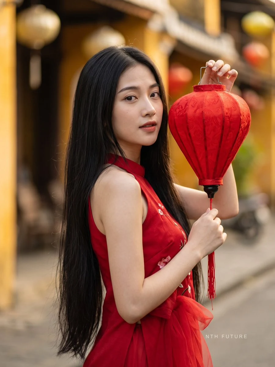 Vietnamese woman in red ao dai holding lantern in