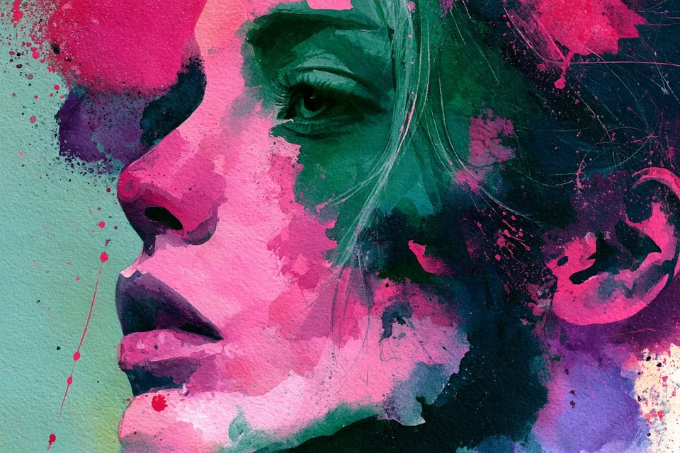 Woman portrait in vivid watercolor splash fauvism