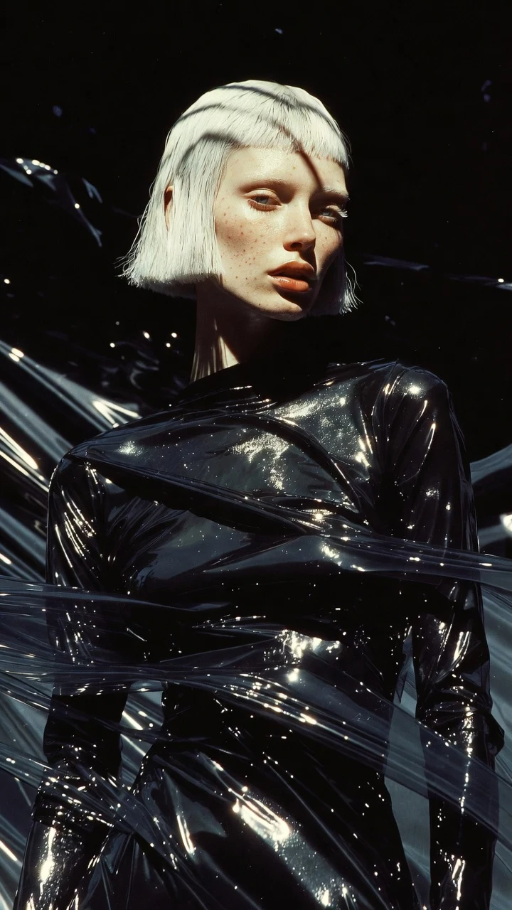 Fashion portrait of woman in black vinyl with white