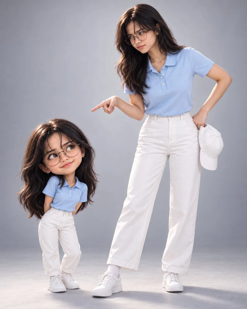 real woman and 3D cartoon bobblehead in matching
