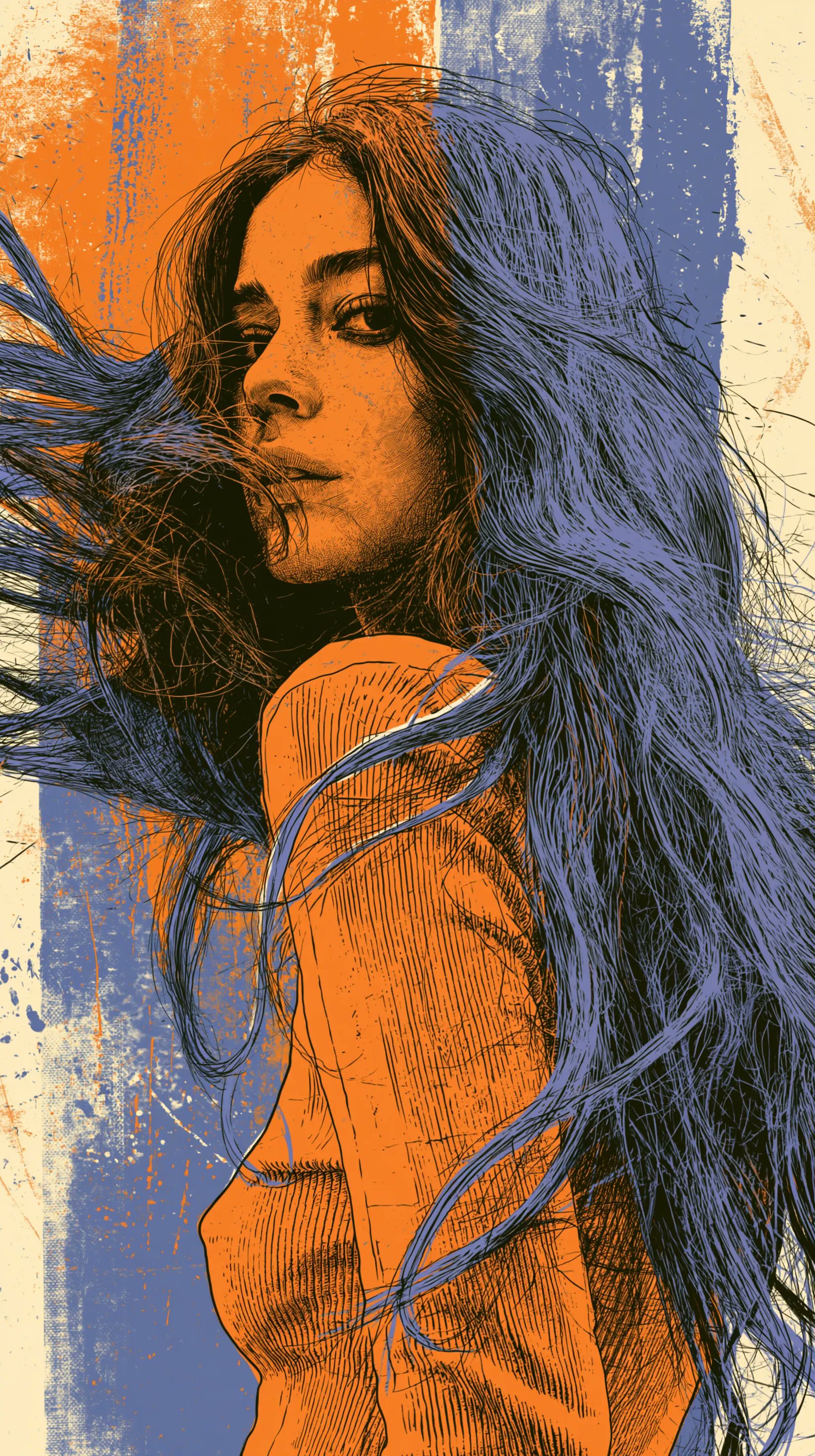 Graphic portrait of a woman with long flowing hair