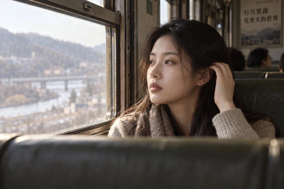 East Asian Woman Looking Out Train Window in Vintage