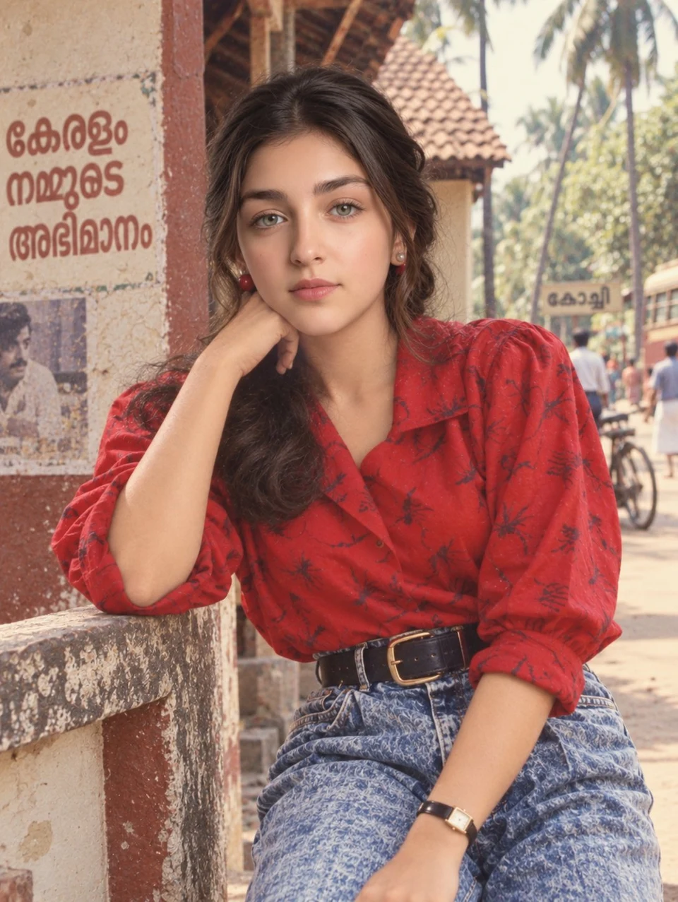 Young woman in red blouse posing on stone ledge
