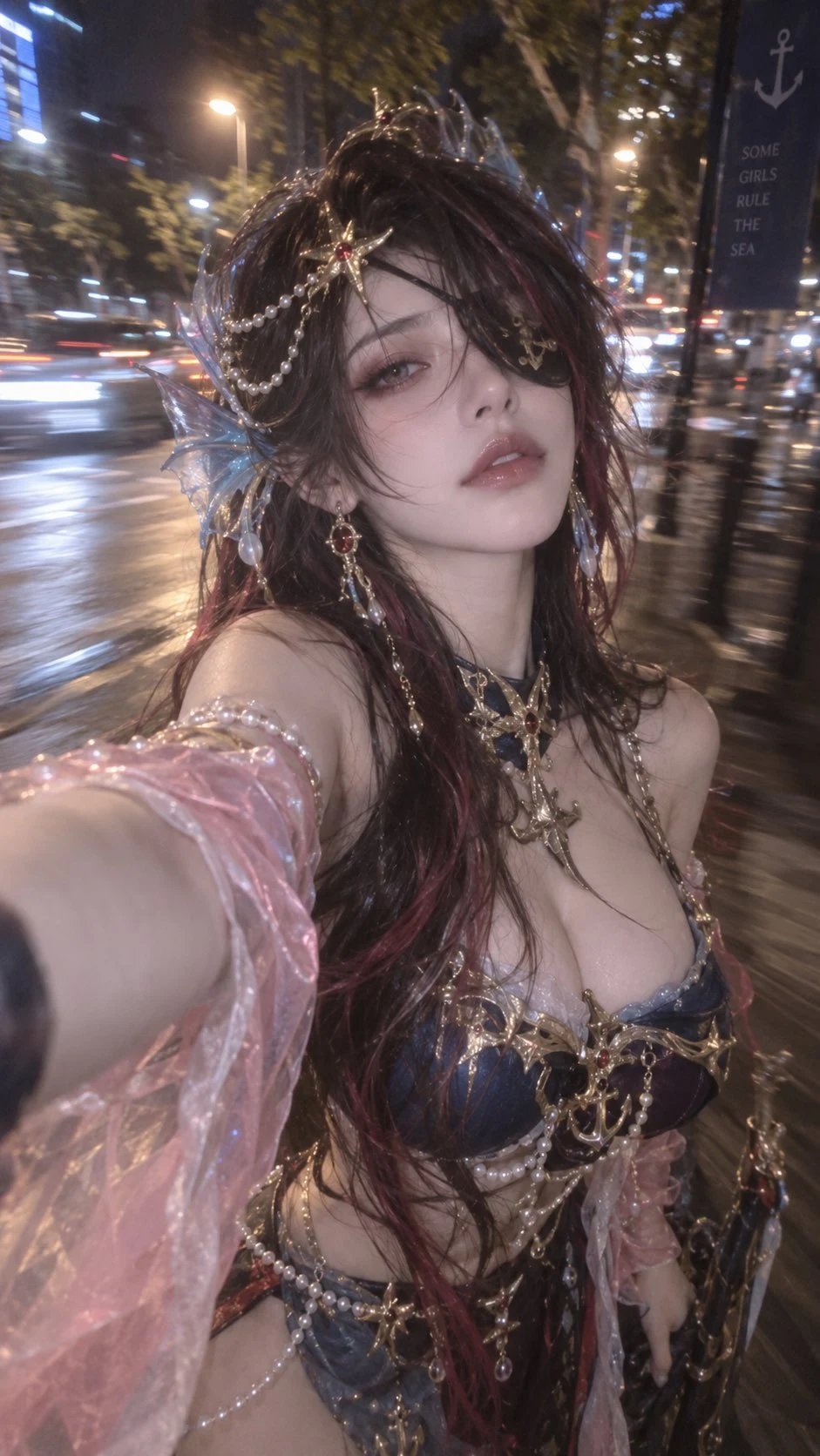 Cosplay sea nymph night selfie motion blur