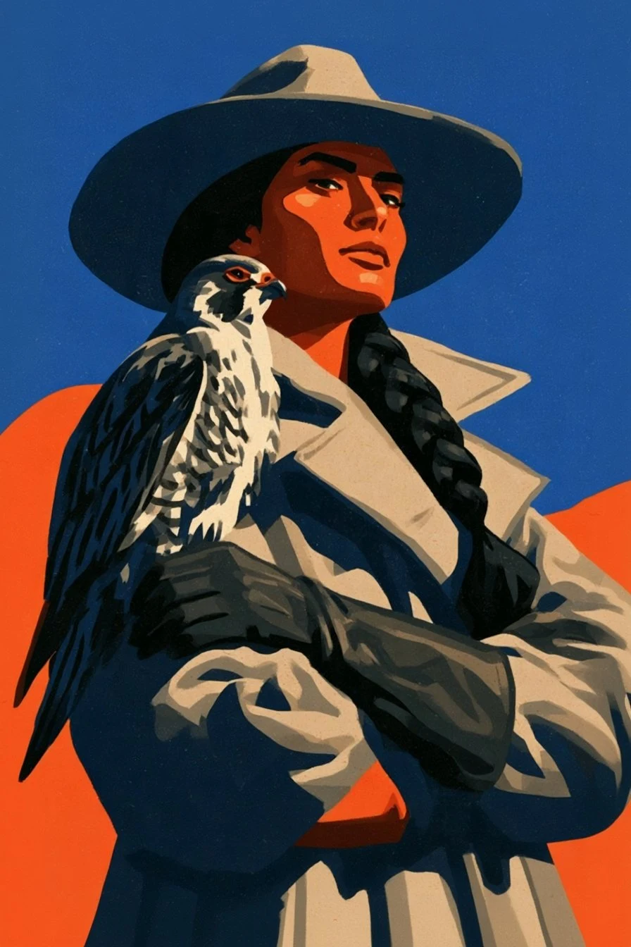 Illustrated Woman in Hat Holding a Falcon Against