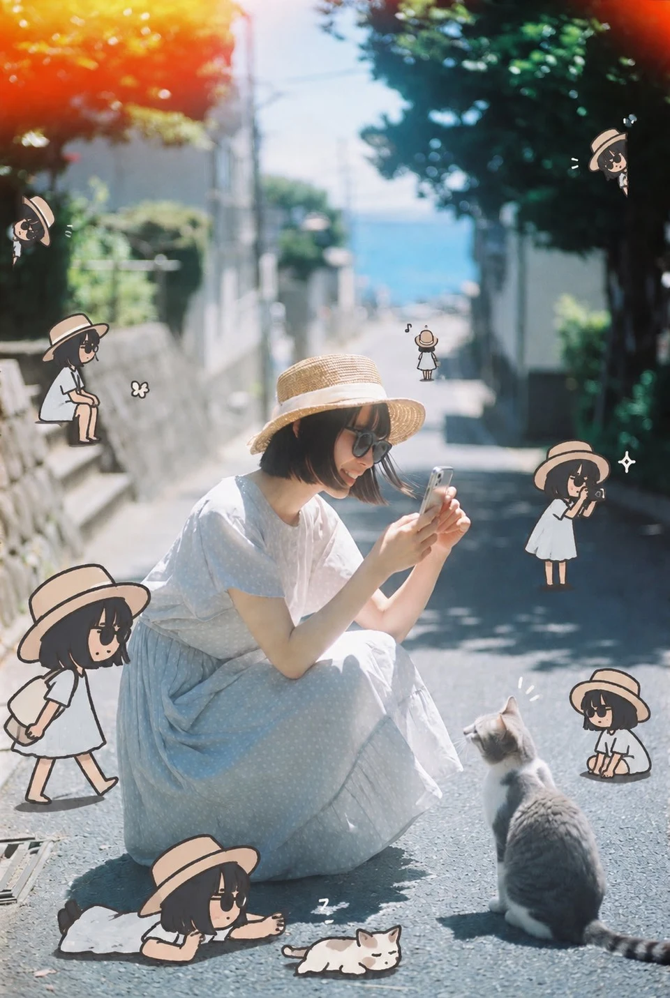 woman on street with cartoon doppelganger stickers