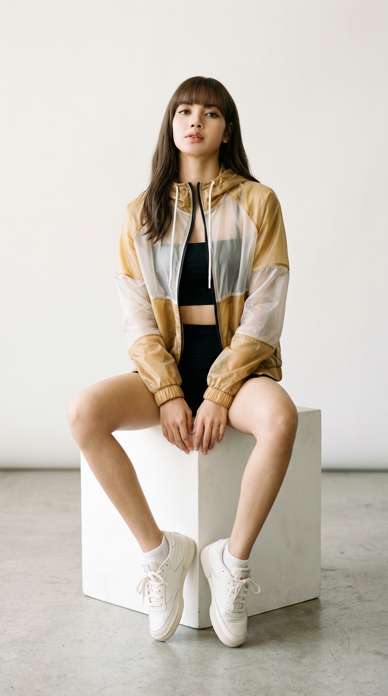 Woman in translucent windbreaker on white block