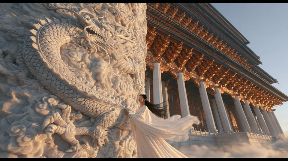 Woman in Hanfu by Jade Dragon Pillar