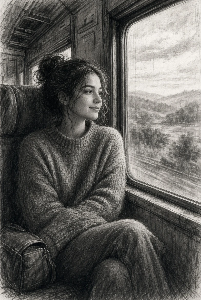 Charcoal Sketch Woman Looking Out Train Window