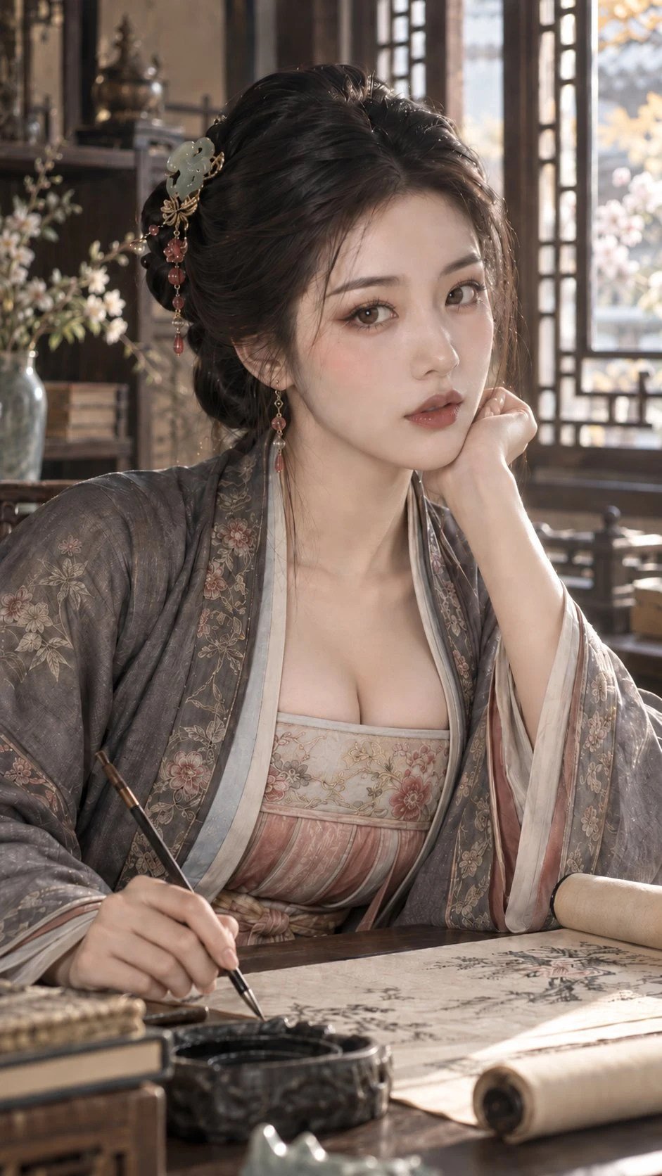 Elegant Chinese noblewoman in hanfu writing at