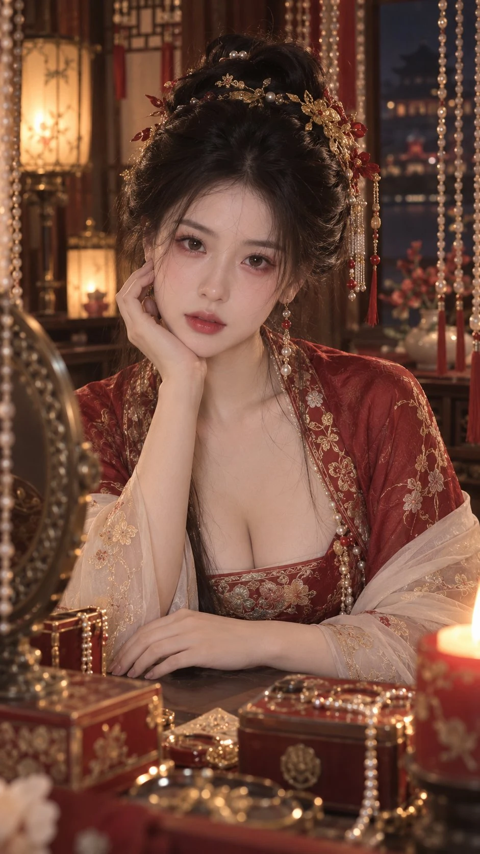 Ancient Chinese Noble Woman in Red Hanfu Makeup