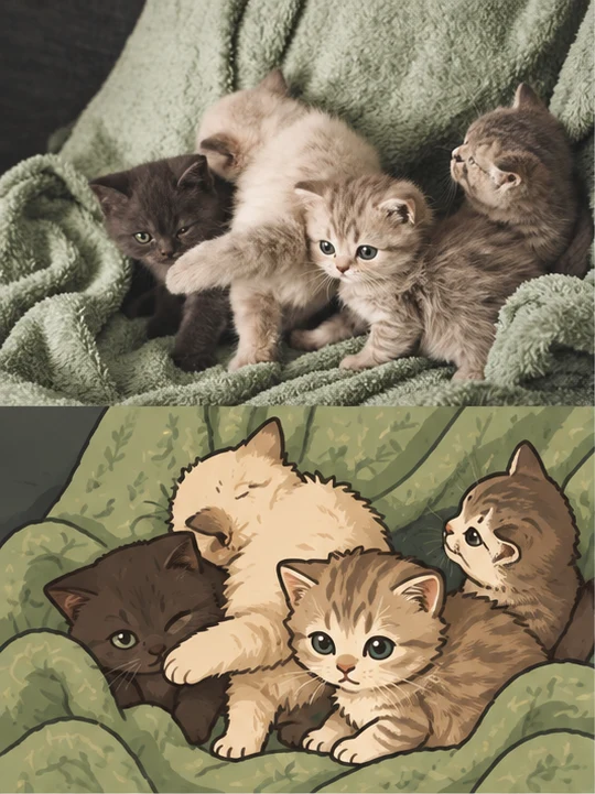 Real photo and cartoon comparison poster of four