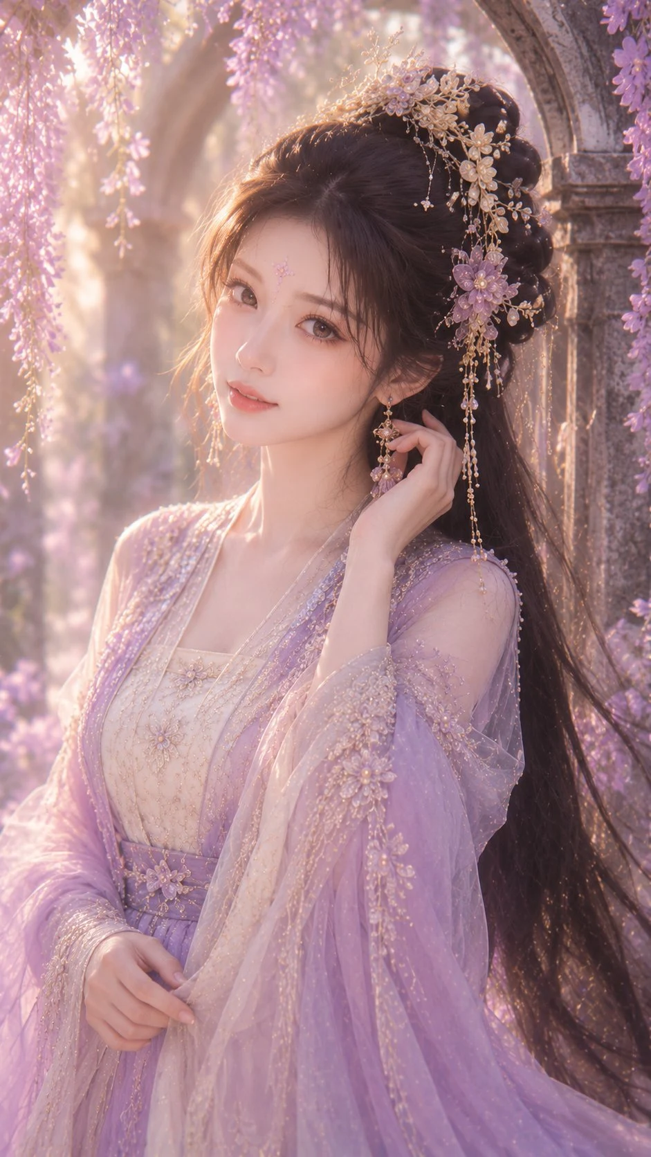 Beautiful Young Woman in Lavender Hanfu Among
