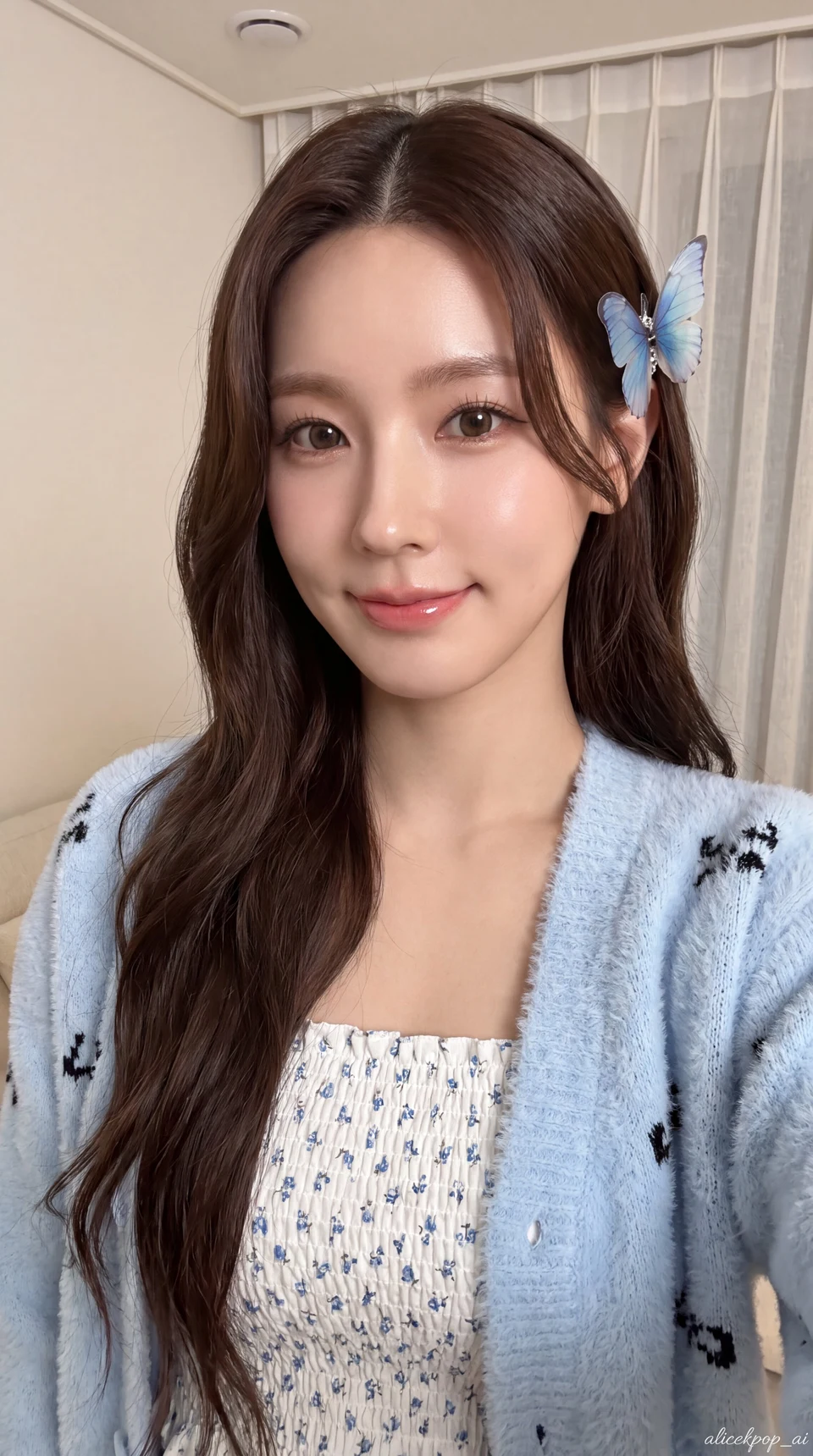 K-pop idol selfie with butterfly hair clip