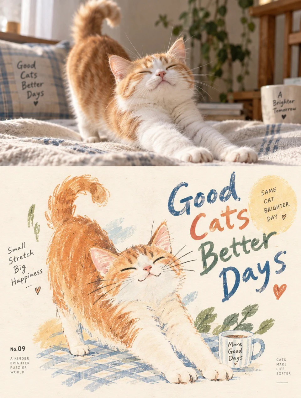 Split-style poster with cat photo and retro
