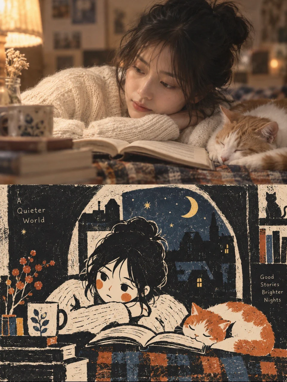 Split poster girl reading with cat photo and fairy