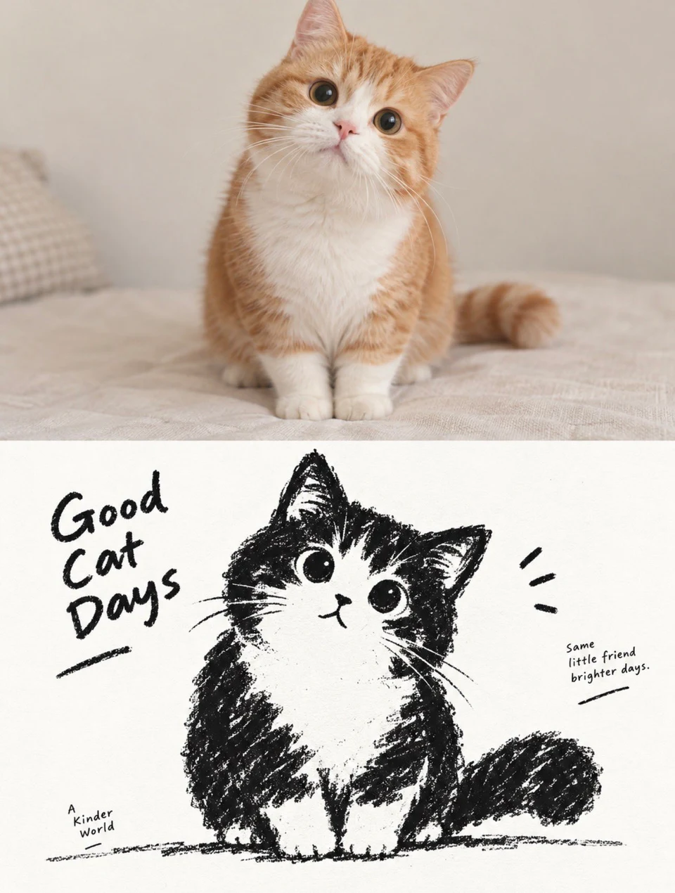 Split poster photo and charcoal cat illustration