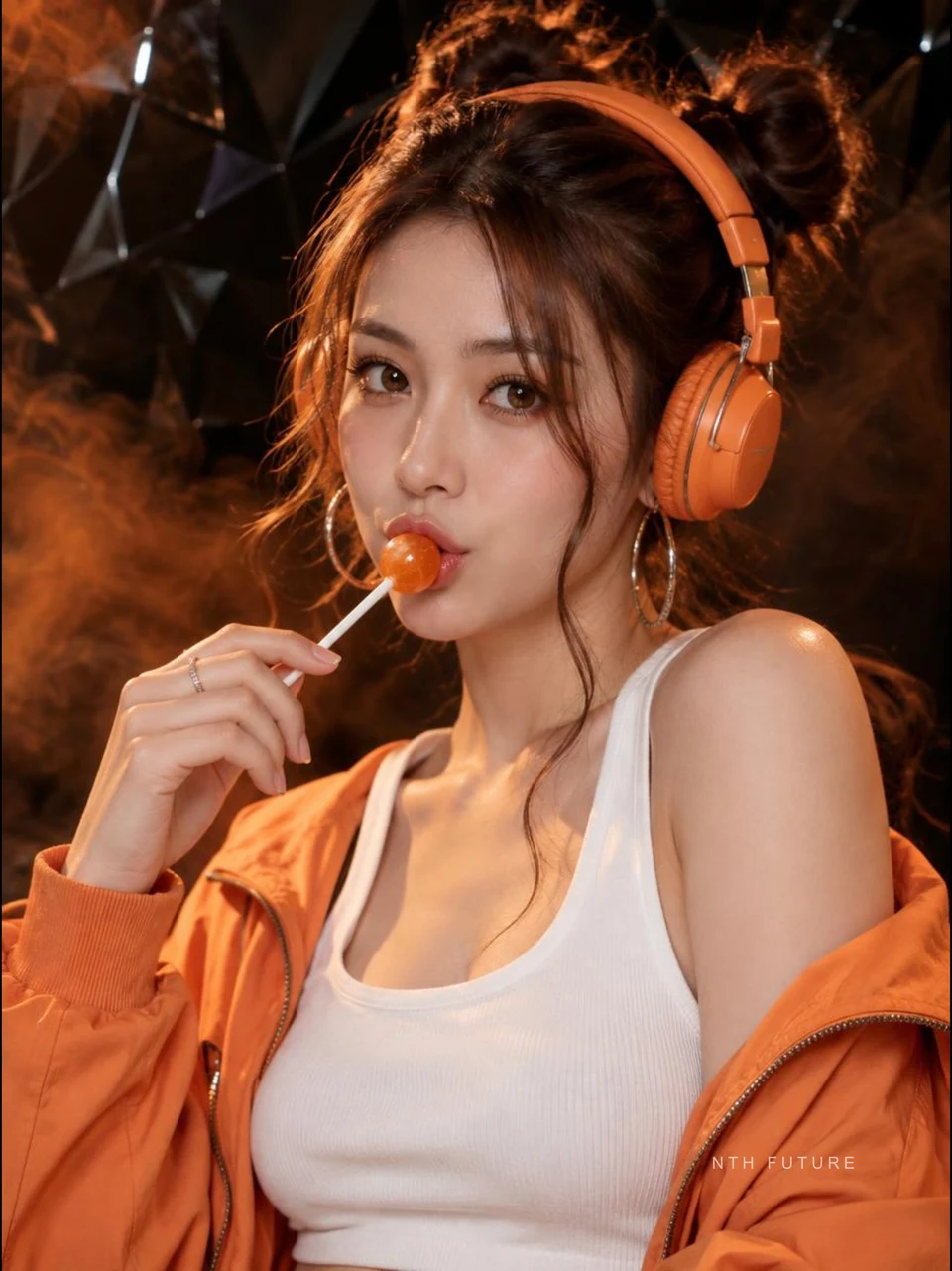 Vietnamese woman in orange headphones and jacket