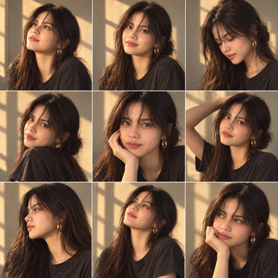 3x3 portrait collage of young woman in golden hour