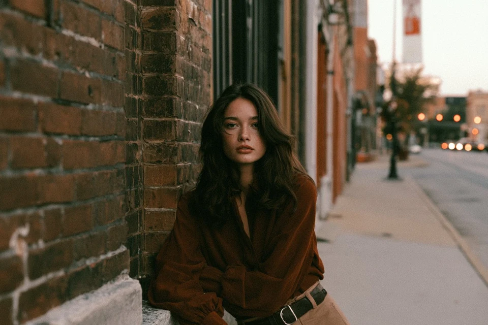 Cinematic portrait of woman in 70s style against