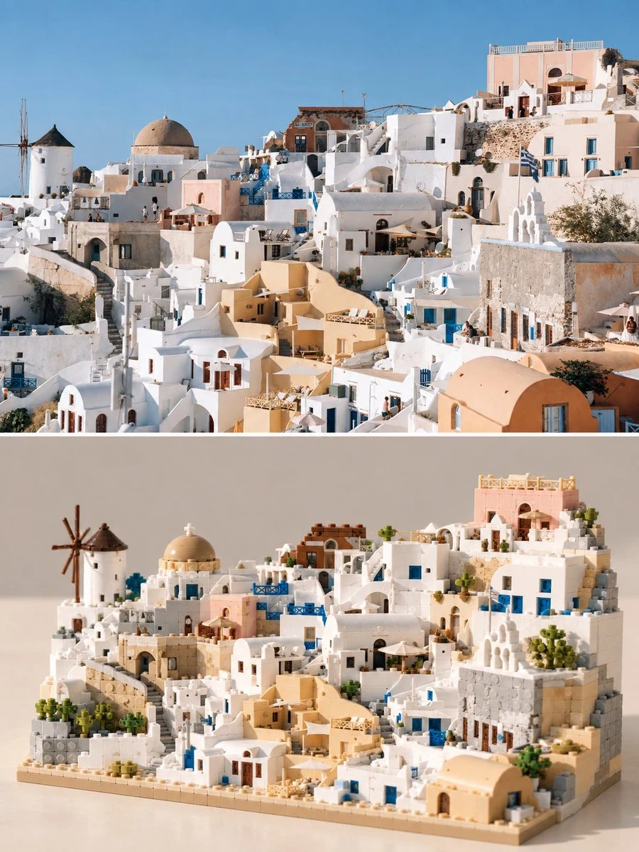 Santorini village real photo versus physical brick