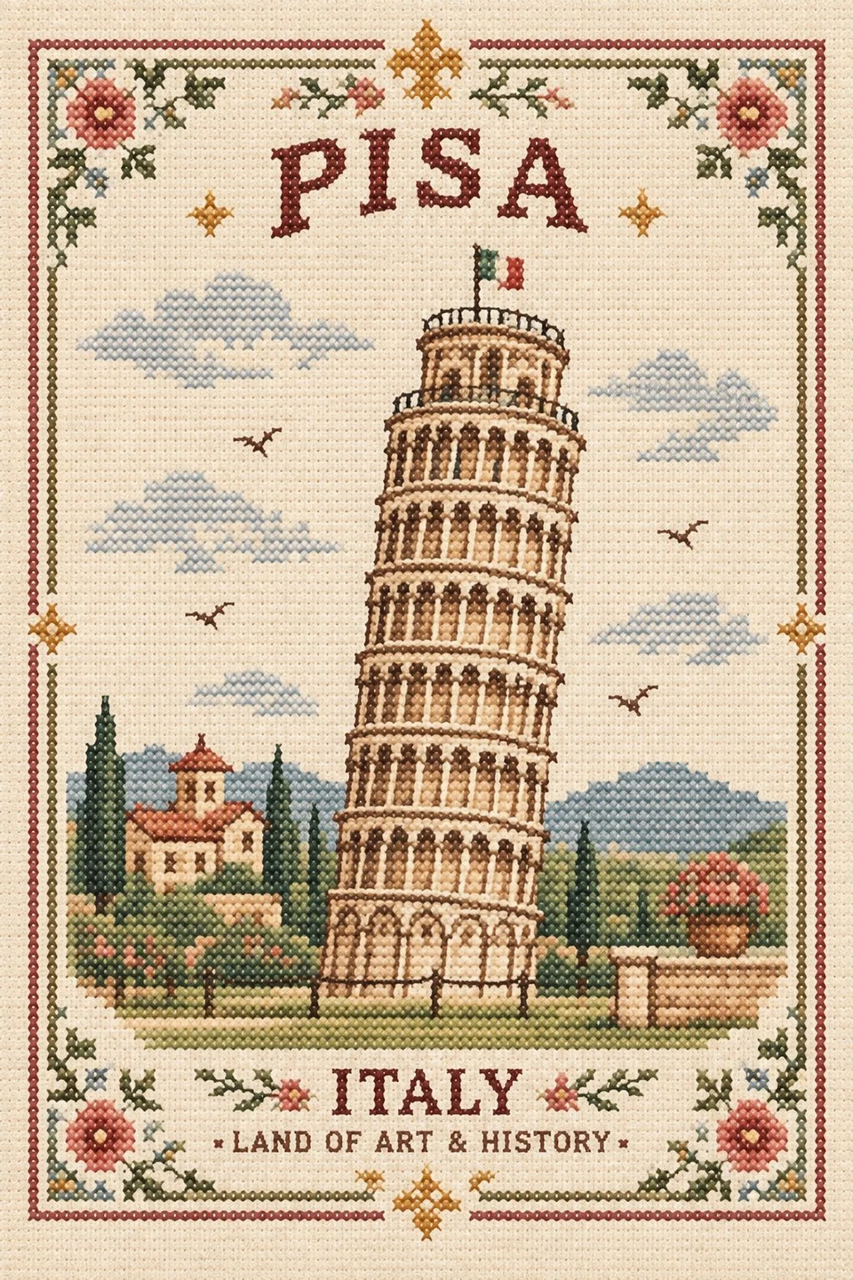 Cross Stitch Leaning Tower of Pisa Embroidery