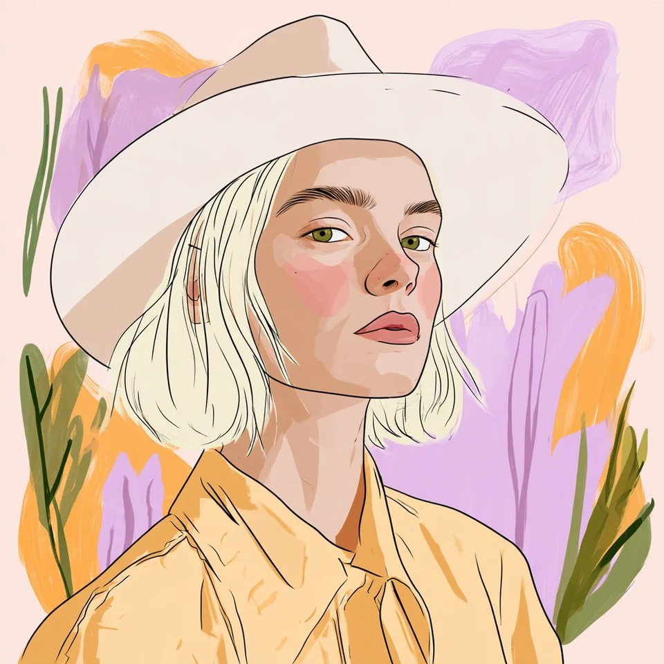 Portrait of blonde woman in hat with purple and