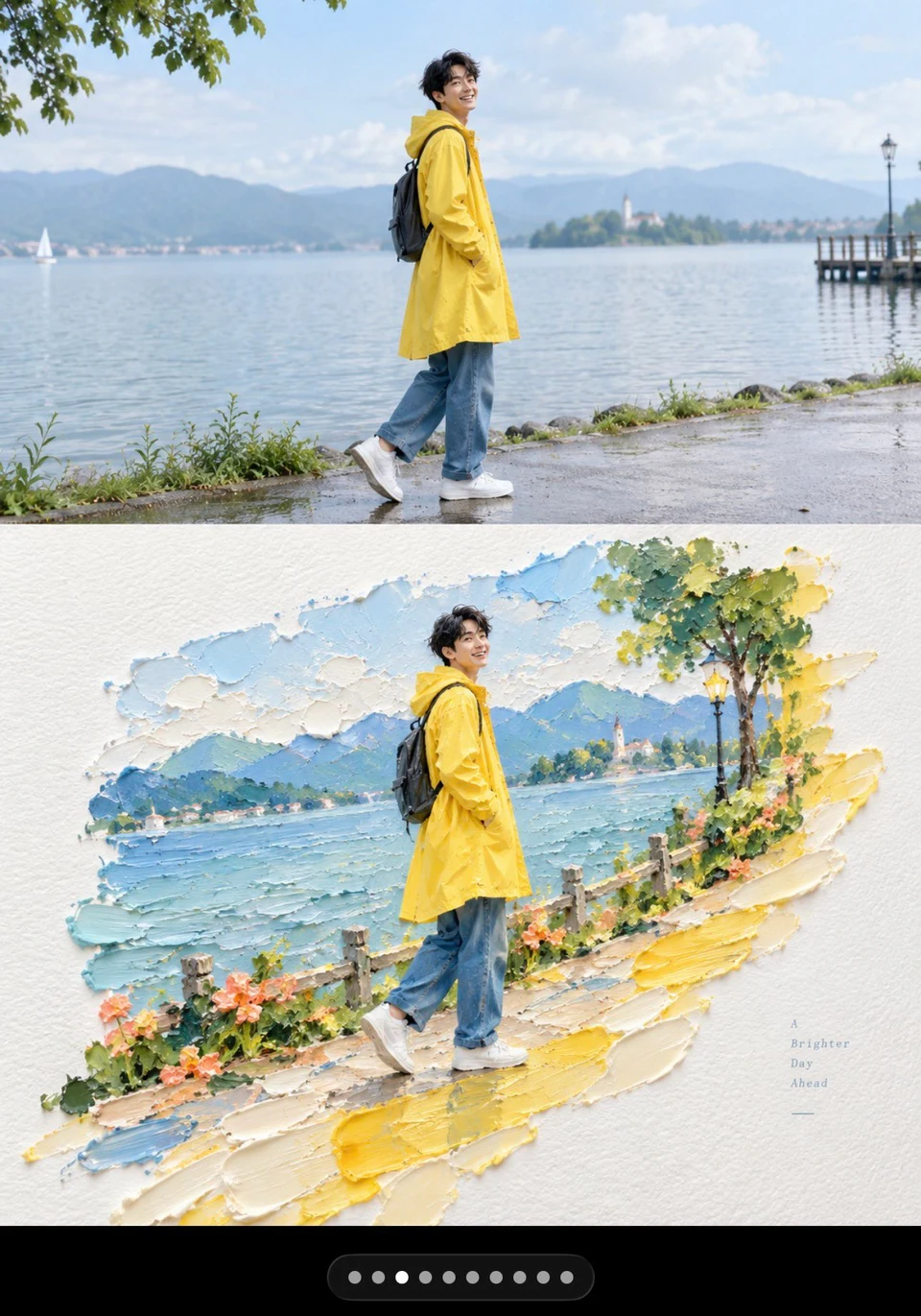 Split photo and impasto painting portrait of young