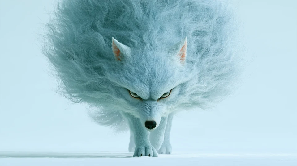 Surreal fantasy wolf with voluminous frost-blue fur
