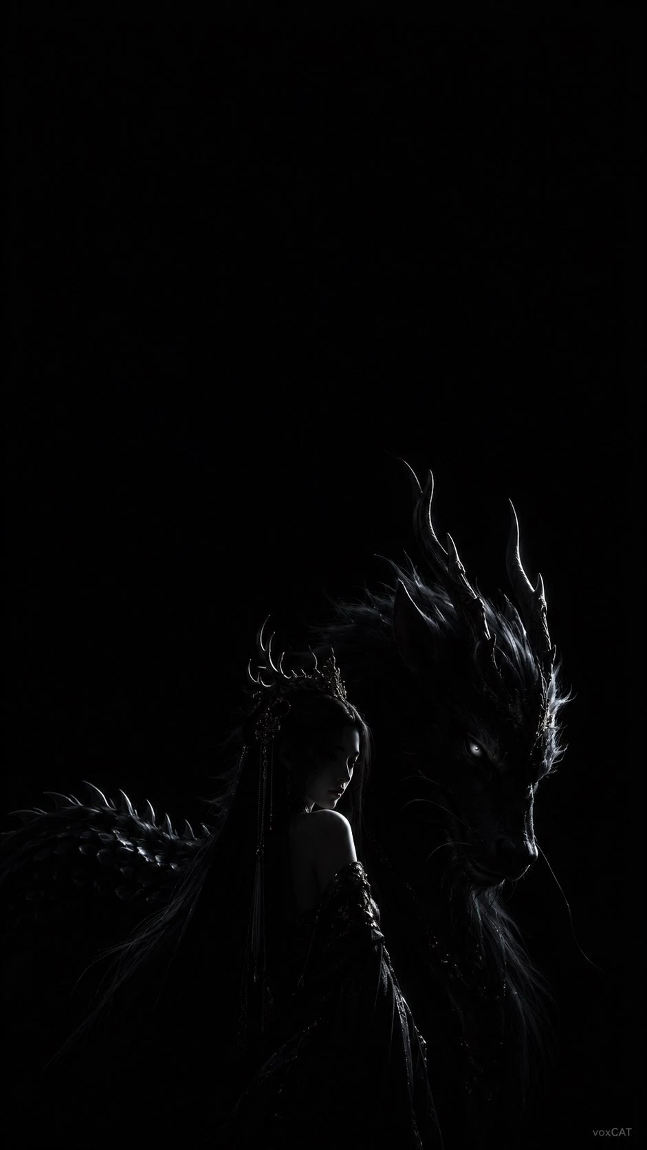 low-key dramatic portrait of a woman with dragon