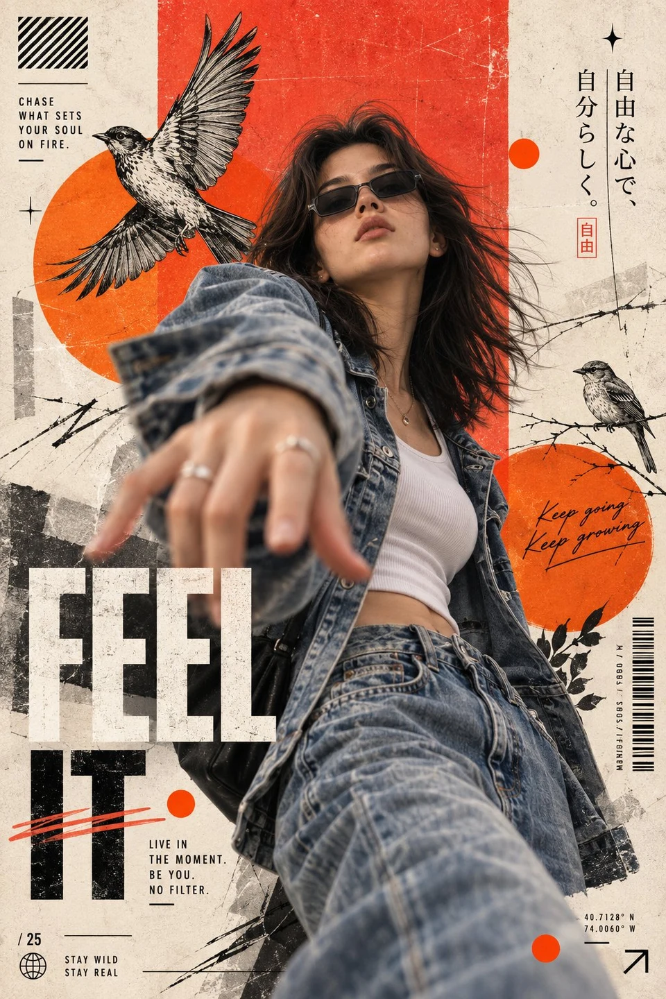 Futuristic fashion poster young woman sunglasses