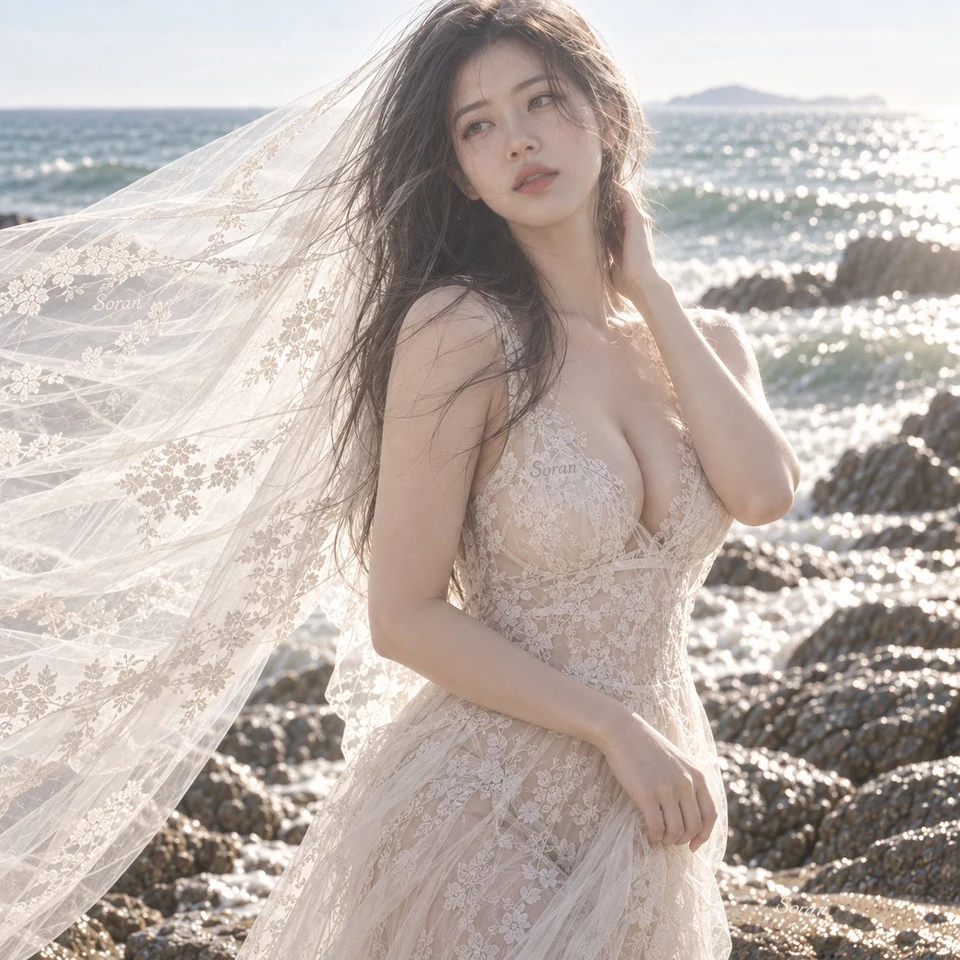 Beach fashion portrait with flowing lace and veil