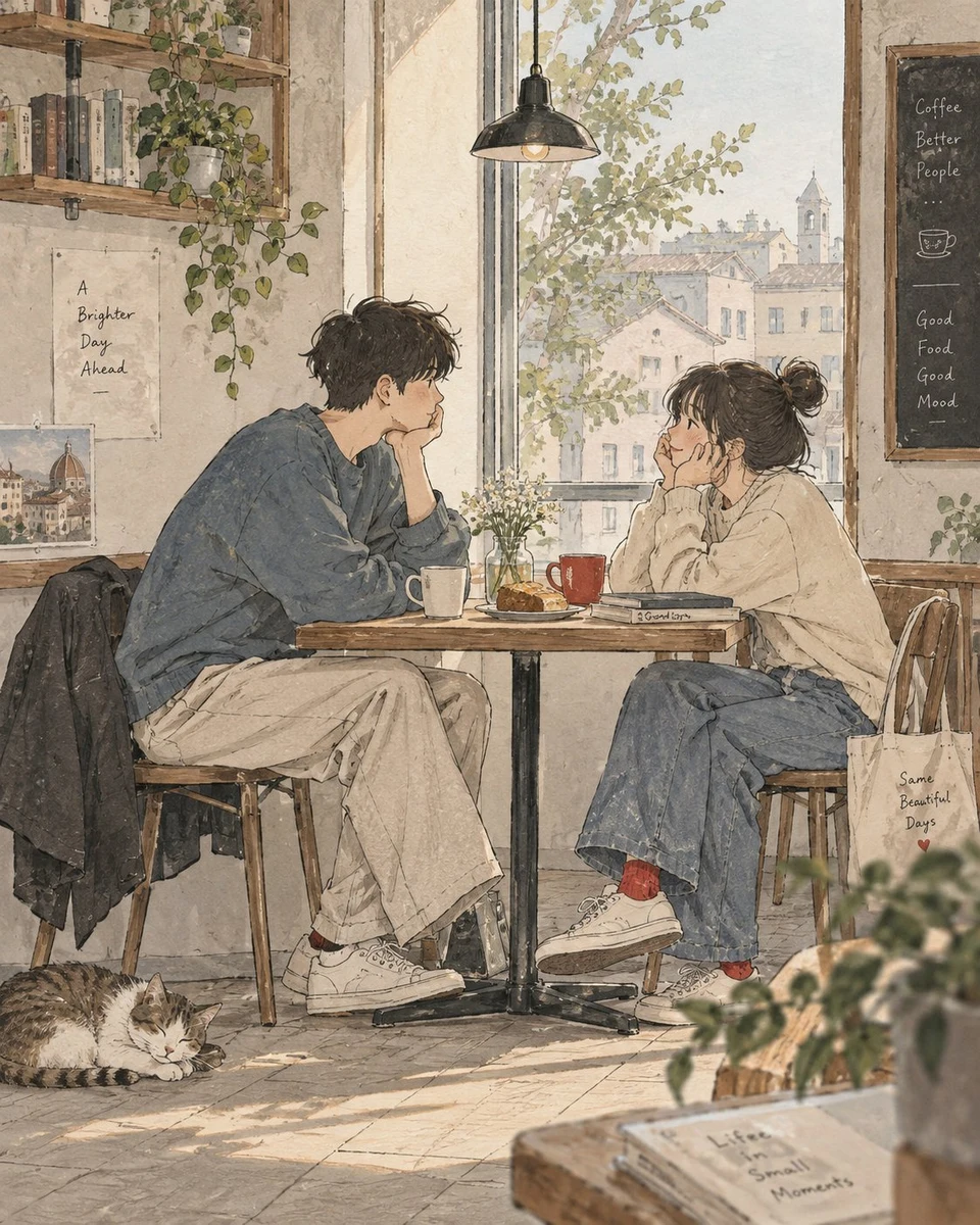 Japanese style couple in cozy cafe with sleeping cat