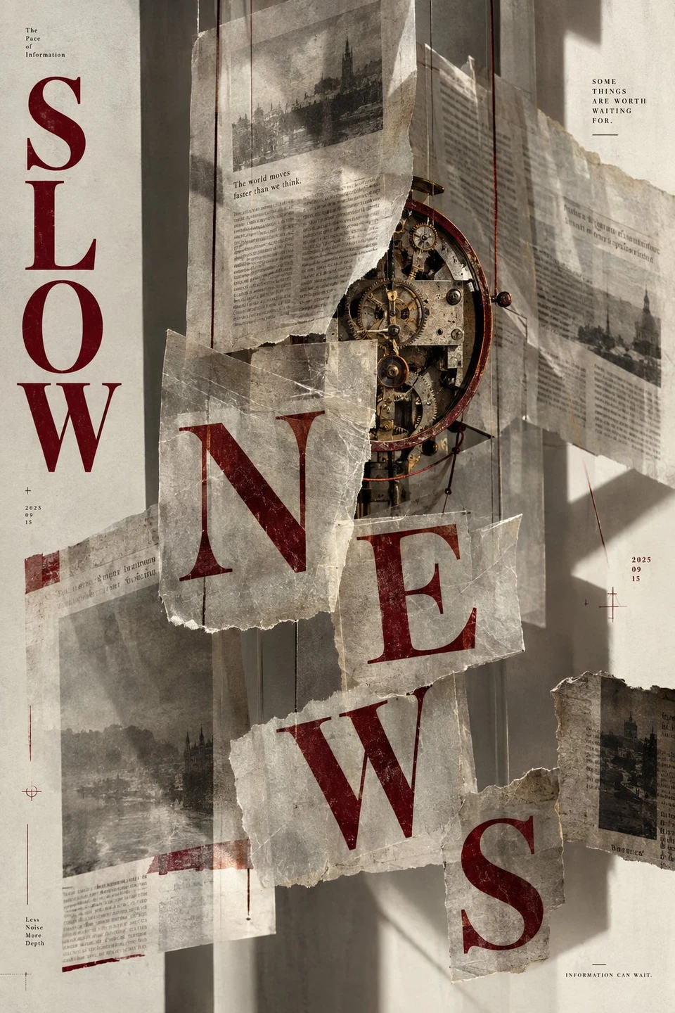Contemporary art poster SLOW NEWS with vintage clock