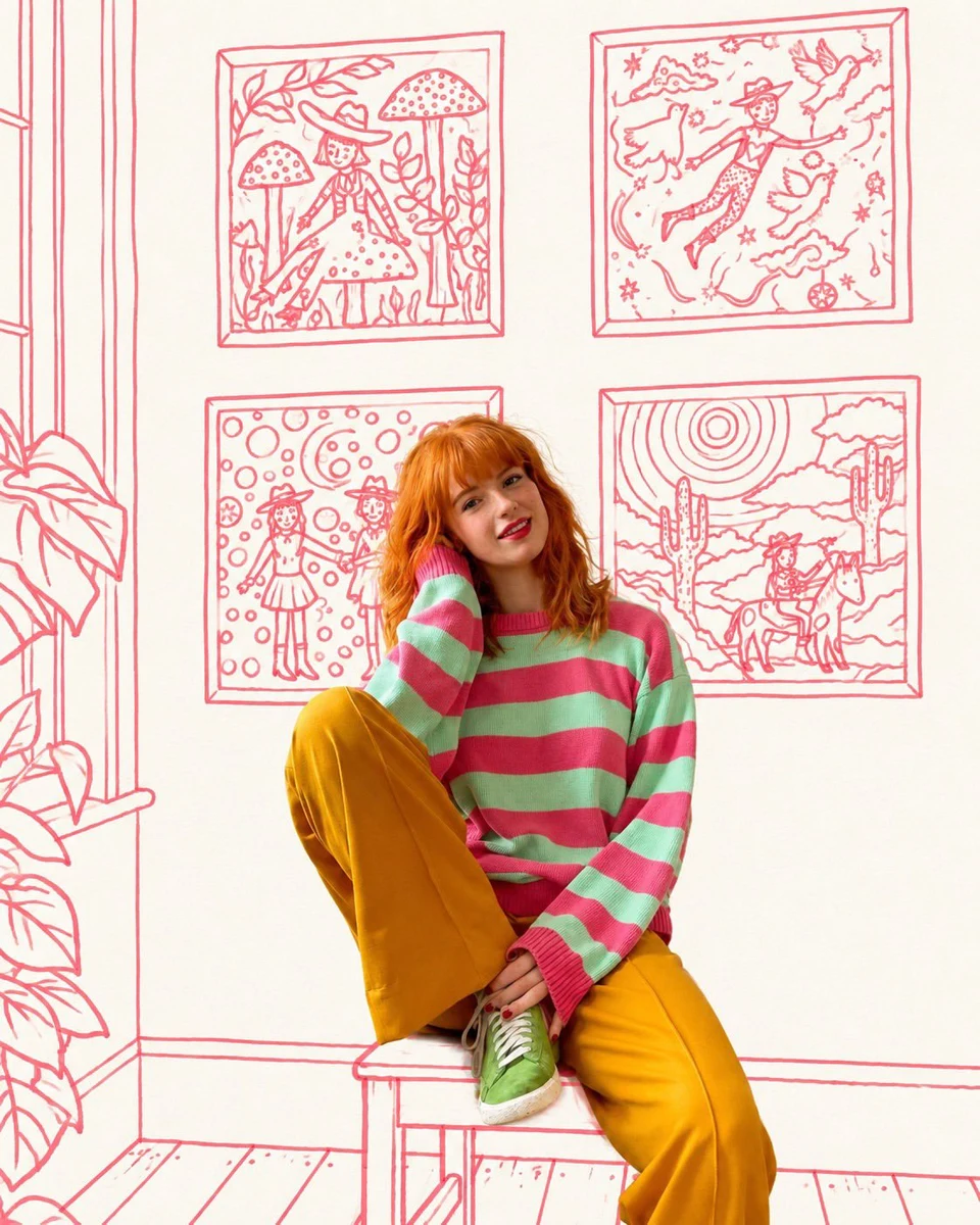 Mixed media portrait of redheaded woman in striped