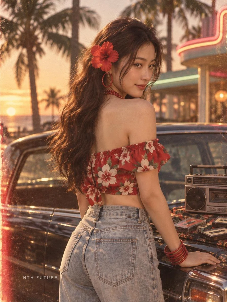 vintage portrait of woman in floral top by retro car
