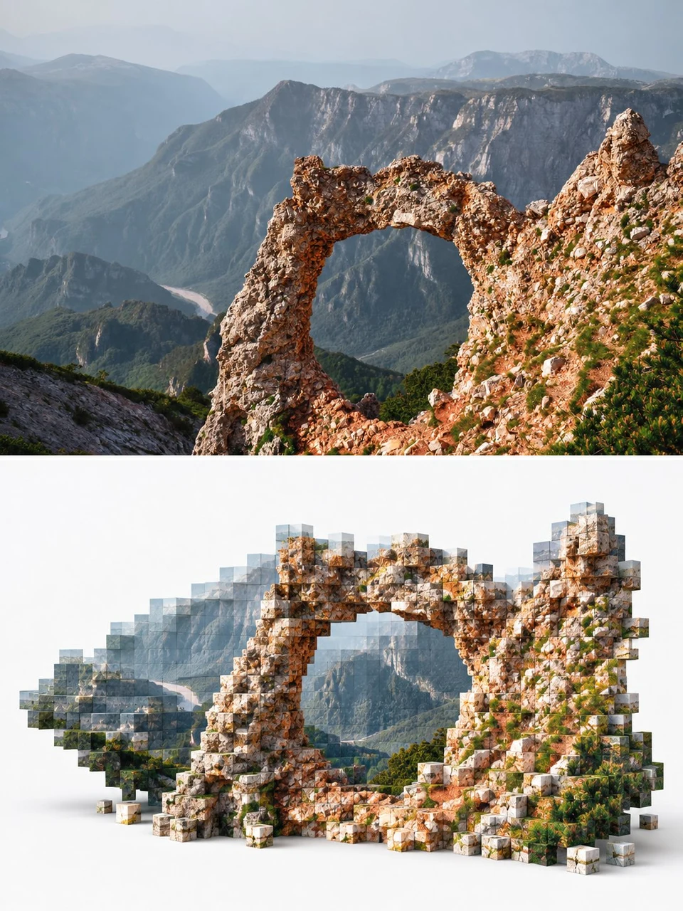 Pixellated stone arch landscape with original photo