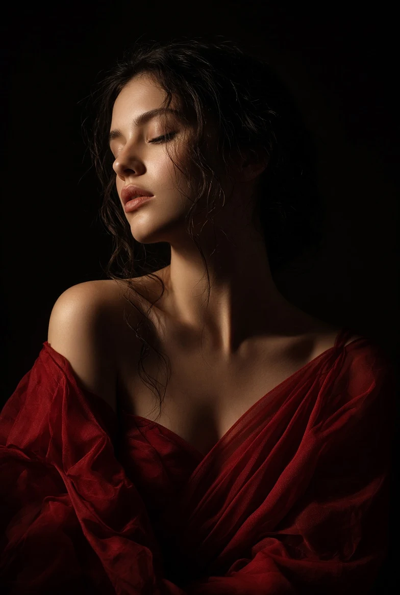 dramatic chiaroscuro portrait of woman in flowing